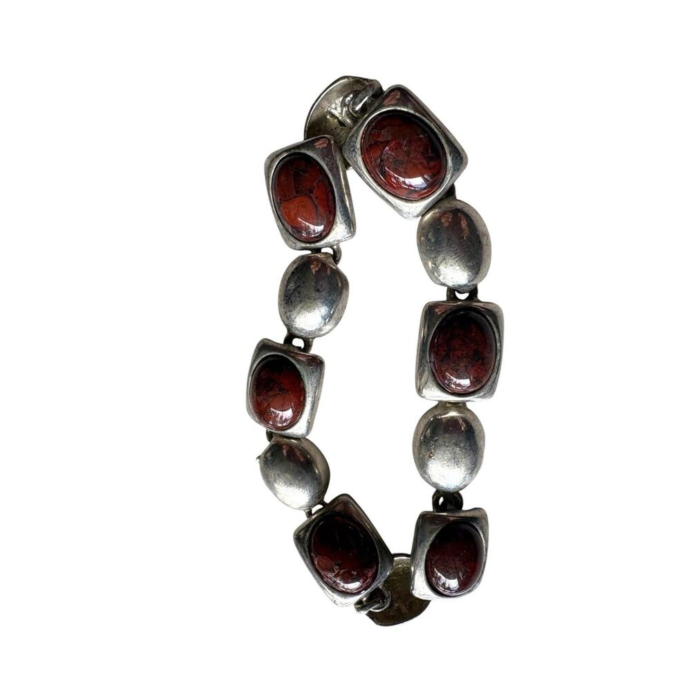 Chunky Silver Tone Red Stone Bracelet Stretch Statement Boho Artisan Style